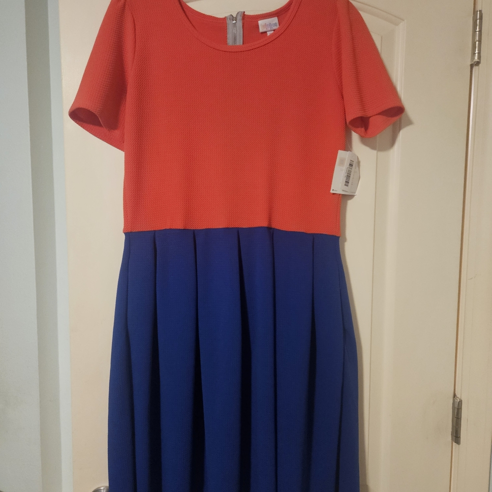 LuLaRoe Amelia Pink Blue Pleated A-Line Midi Dress Casual. Easter. Size XL